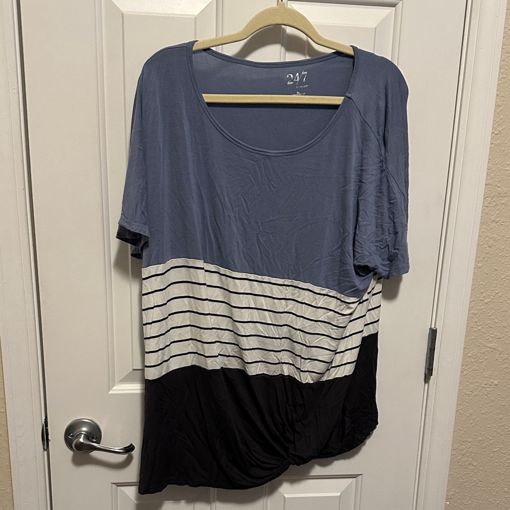 Women's Blue, Grey, and Black Striped Top